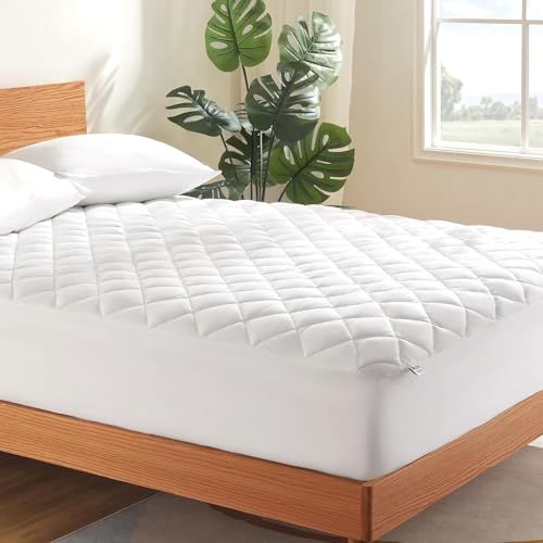 SLEEP ZONE Twin XL Mattress Pad, Quilted Fitted Mattress Topper Cover with Deep Pocket up to 21 inch, White