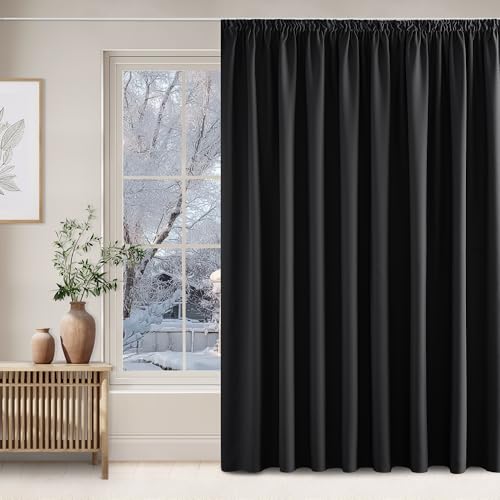 NICETOWN Black Curtains for Large Windows Opaque Curtains with Ruffle Tape Living Room Thermal Curtain Heat Protection Set of 1 240 x 300 cm (H x W)