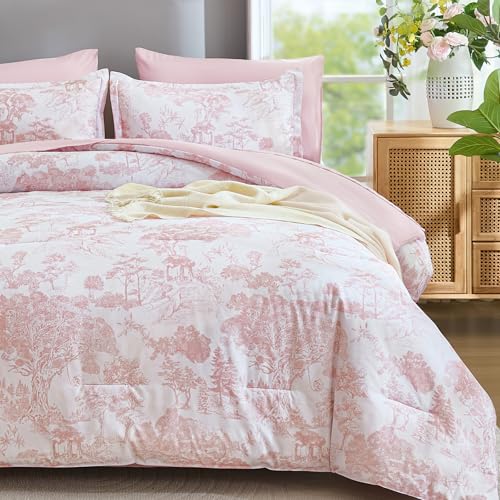 DJY Queen Size Comforter Sets, Pink Botanical Comforters with Sheets 7 Pieces Bed in a Bag Queen Elegant Plants Print Christmas Soft Microfiber Reversible Complete Bedding Sets for All Season