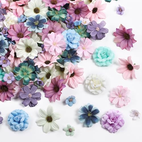 Cindeer 217 Pcs Mini Artificial Flowers Bulk Craft Fake Rose Daisy Flower Heads Mini Silk Heads Faux Decorations Flower for Valentine's Day Art Crafts Wedding Party,2-4 cm(Blue Purple Series)