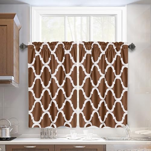 Melodieux Set of 2 Moroccan Fashion Tier Curtains for Kitchen,Geometric Lattice Rod Pocket Curtains for Cafe Bathroom Small Windows, 36 Inch Length, Brown