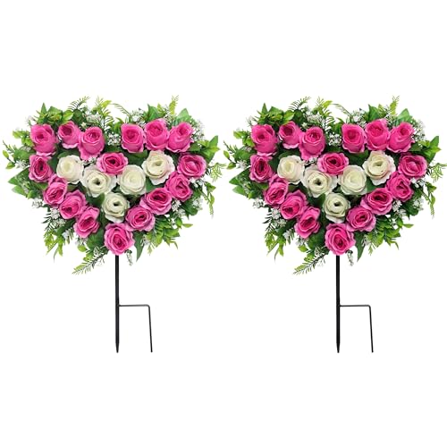 "Lodou 2 Sets Artificial Cemetery Flowers, Heart Shaped Wreaths Rose Flowers for Cemetery Headstones Gravesites (Pink, 2.5"" x 13"" x 13.8"", 2 Pack)"