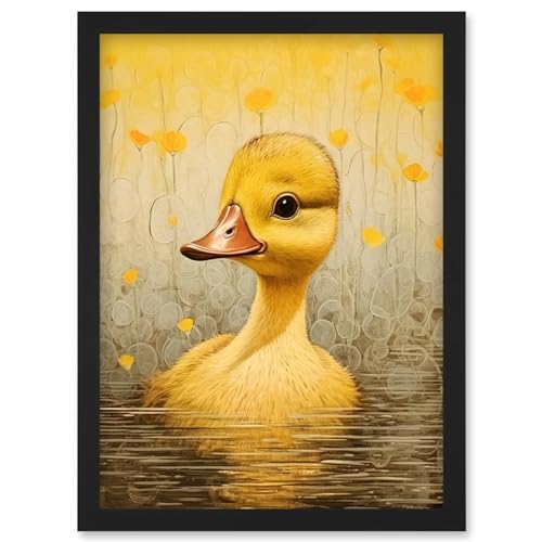 Artery8 Yellow Duckling Kids Bedroom Baby Nursery Calm Elegant Artwork Framed Wall Art Print A4
