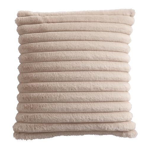 Appletree Natural Faux Fur Cushion 43x43cm – Super Soft Filled Decorative Pillow – Fake Rabbit Fur Texture – Lined & Stripe Design – Luxury Accent Cushion for Sofa, Bed or Chair – Beige Cream Tone