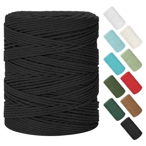 Macrame Cord 4mm x 380Yards (1140Feet), Natural Cotton Macrame Rope - 4 Strands Twisted Macrame Cotton Cord for Wall Hanging, Plant Hangers, Crafts, Gift Wrapping and Wedding Decorations, Black