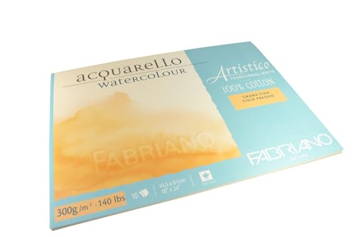 Fabriano Artistico Acquarello Watercolour, Natural White, Fine Grain, Cold Pressed, 10 Sheets, 45.5 x 61 cm, 300 g/m?? Artist's Watercolour Card, Pad Glued on 4 Sides, Vegan