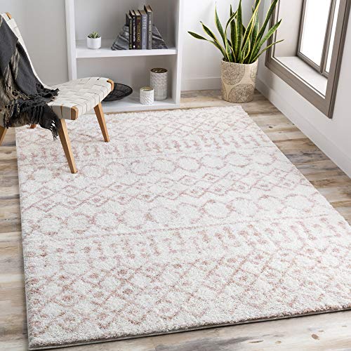Livabliss Saanjh Brasov Shaggy Design – Living Room 200x275 cm, Soft Fluffy Bedroom Use, Geometric Abstract Look, Plush Thick Pile, Easy Care, Cream Pink