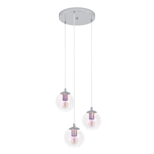 Eglo Cluster Pendant Lighting Ariscani 2, 3-Light Hanging lamp for Dining Table, Iridescent Ceiling Light Fitting Living Room, Chrome Coloured Metal and Shimmering Glass, E27 Socket, Ø 42.5 cm