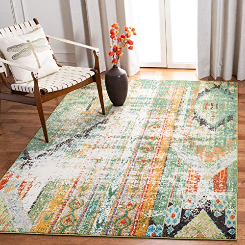 Safavieh Boho Rug for Living Room, Dining Room, Bedroom - Madison Collection, Short Pile, in Green and Orange, 152 x 152 cm