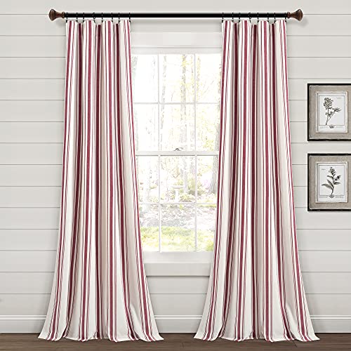 "Lush Decor Farmhouse Stripe Yarn Dyed Eco-Friendly Recycled Cotton Window Curtain Panel Pair, 42"" W x 95"" L, Red - Classic Modern Rustic Charm - Eco Friendly Cotton Fabric"