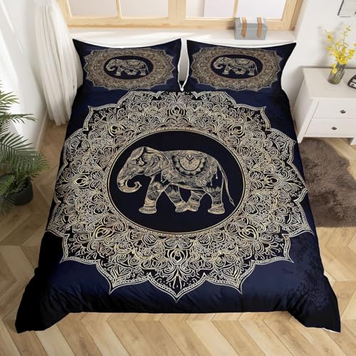 Feelyou Bohemian Boho Elephant Duvet Cover Set Full Size Mandala Bedding Set Black Golden Comforter Cover with Pillow Shams Kids Teens Adults Quilt Cover Set 3 Pcs Floral Print