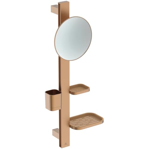 Ideal Standard Alu+ Beauty mirror, Accessory combination S, with Ø 205 mm cosmetic mirror (3x magnification) and adjustable shelves, made from 100% recycled aluminum – Bronze (310.5x160x717 mm)