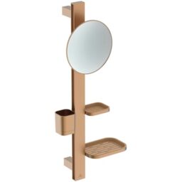 Ideal Standard Alu+ Beauty mirror, Accessory combination S, with Ø 205 mm cosmetic mirror (3x magnification) and adjustable shelves, made from 100% recycled aluminum – Bronze (310.5x160x717 mm)