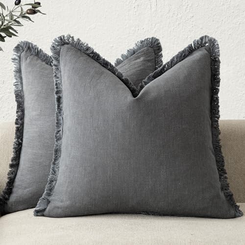 Foindtower Set of 2 Decorative Linen Fringe Throw Pillow Covers Cozy Farmhouse Boho Cushion Cover with Tassels Soft Accent Pillowcase for Couch Sofa Bed Living Room Home Decor 20×20 Inch Gray