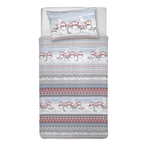 PENSIERI DELICATI 100% Cotton Single Duvet Cover Set, 155 x 200 cm and 1 Pillowcase 52 x 82 cm, Made in Italy, Duvet Cover Machine Washable At 40 Degrees, Polar Winter Design Red