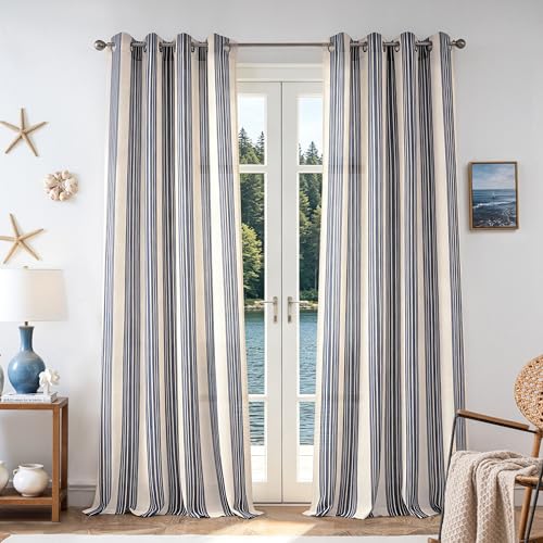 DriftAway Farmhouse Curtains for Living Room Vertical Striped Linen Curtains Semi Sheer Light Filtering Grommet Window Treatments, 102 Inches Long, 2 Panels, Dark Navy on Beige
