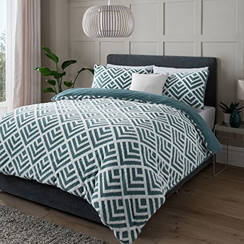 Sleepdown Geo Jacquard Fleece Thermal Warm Cosy Super Soft Duvet Cover Quilt Bedding Set with Pillow Cases - King (220cm x 230cm) - Teal White