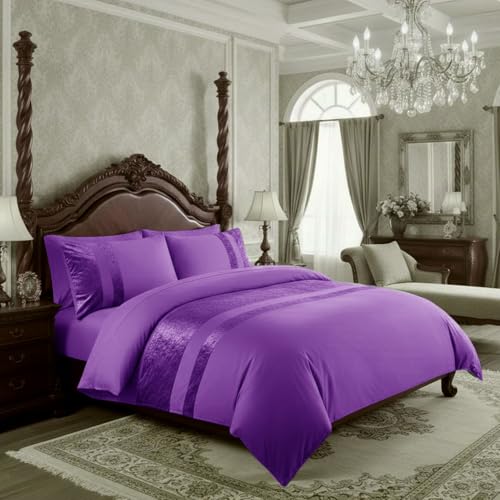 Casabella Luxury Crushed Velvet Panel Band Duvet Cover Sets with Pillow Case Single Duvet Cover Bedding Set – Purple Crush Velvet Single Duvet Cover Sets