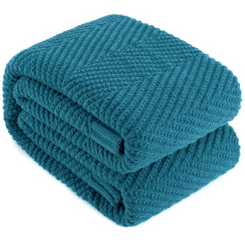 LONG CREATE Knitted Throw Blanket for Couch, 50X60 Chevron Bed Knit Throws - Teal Lightweight Living Room Decor, Super Soft Boho Bedding Blankets, Cozy Herringbone Textured, Chair Sofa Cover