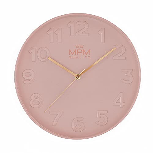 MPM Quality Design Wall Clock, Pink, Modern Plastic Clock, Glass, Quartz Movement Sweep, 305 x 305 x 42 mm, for Living Room, Bedroom, Kitchen, Office and in Any Room