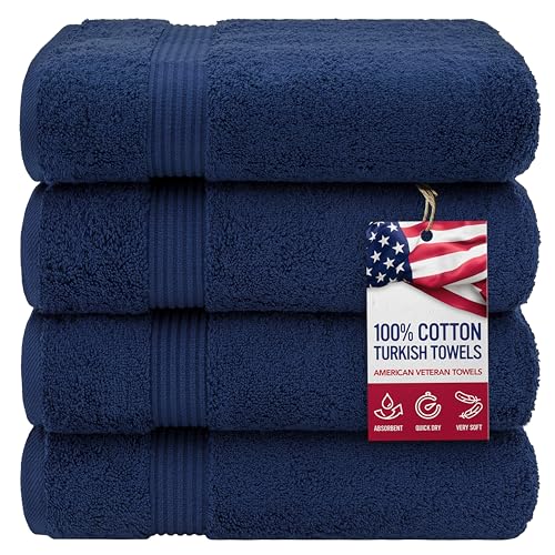 American Veteran Towel, 100% Cotton Turkish Bath Towels for Bathroom 4 Pack, 27x54 Extra Large Premium Soft Drying Bathroom Towels, Navy Blue
