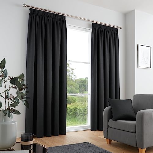 Fusion Black Curtains W66 x L90 - 100% Cotton - 2x Panels - Pencil Pleat Soundproof & Thermal Curtains for Bedroom