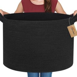 "MEGASKET Large Black Blanket Basket, 22"" X 22"" X 14"" Woven Rope Bin for Storage, Kids Dog Toy Storage Box Organizer Bins, Blanket Holder for Living Room, Decorative Wicker Basket for Organizing"