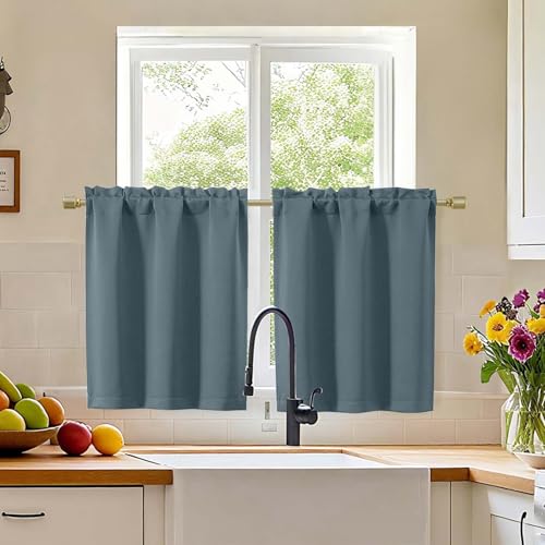 Simplebrand Stone Blue Blackout Curtains 30 inch Length 2 Panels for Kitchen, Room Darkening Tiers Drapes with Rod Pocket, Blackout Thermal Insulating Small Curtain Tiers for Bathroom, Each 30W x 30L