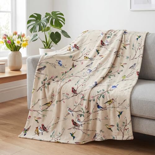 Horaldaily Spring Summer Birds Branch Biege Flannel Throw Blanket 60x80 - All Season Using Ultra Soft Fuzzy Plush Cozy Non-shedding Blanket for Couch Sofa Bed Camping, Ideal Gift for Kids Adults