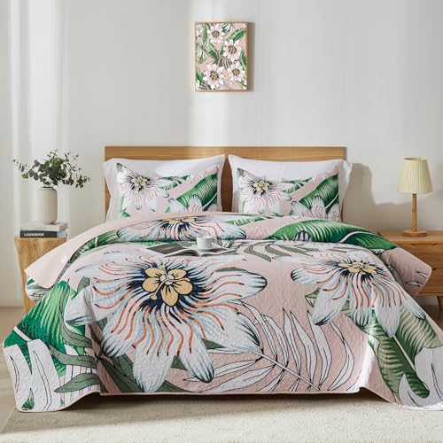"Yogeneg King Quilt Bedding Set,White Green Botanical Pattern Blush King/Cal King Quilt Set,3 Piece Lightweight Soft Summer Bedspread Coverlet with 2 PIillow Shams,All Season(Blush,110""x96"")"