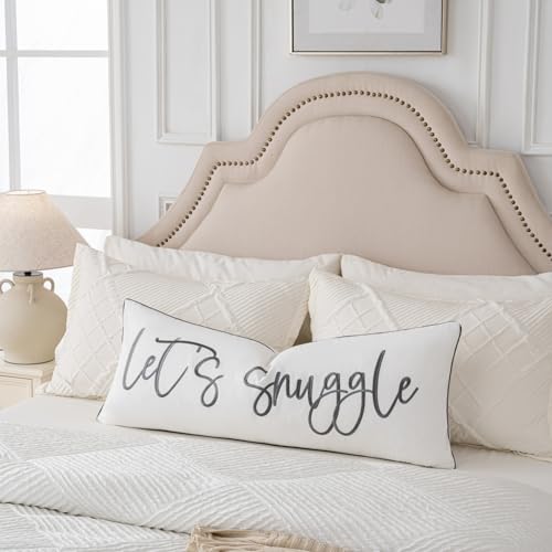 Sunkifover Let's Snuggle Rectangle Decorative Pillow Covers. White and Gray Embroidered Lumbar Pillow Case 14x36 Inches for Bed Bedroom.