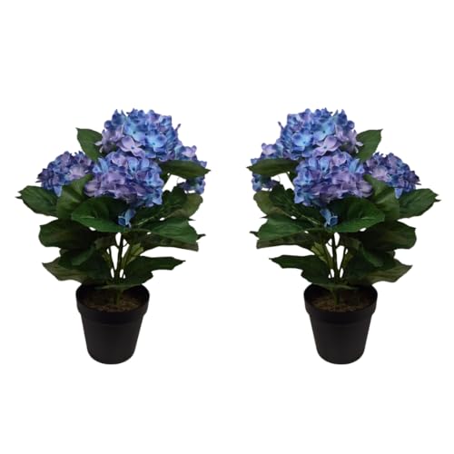 GreenBrokers x2 Artificial 42cm Blue Hydrangea Bush in Black Plastic Pot - UV Protected - Faux Silk