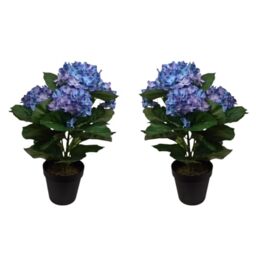 GreenBrokers x2 Artificial 42cm Blue Hydrangea Bush in Black Plastic Pot - UV Protected - Faux Silk