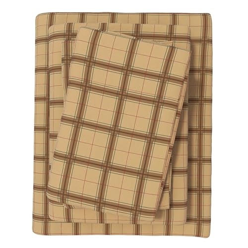 Great Bay Home Flannel Sheets Full Size - 100% Turkish Cotton, Double-Brushed, Plaid and Stripe Bed Sheet Set - Ultra-Soft, Cozy, 4-Piece Bedding Set (Block Plaid - Taupe/Green/Red)