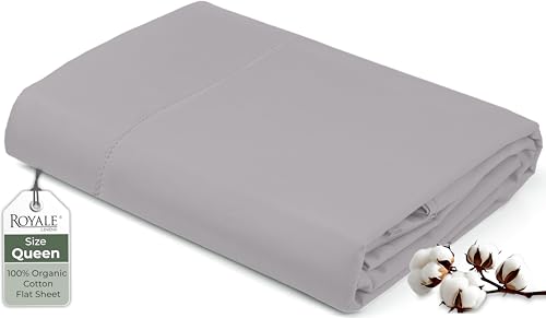 "Royale Linens 100% Organic Cotton Queen Flat Sheet Only - Super Soft - Percale Top Sheets - Queen Flat Sheet Sold Separately - Breathable, Cool & Crisp Sheets Only (90"" x 102"", Silver)"