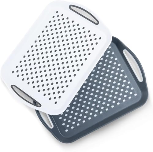 DIVCHI 2-Pack Serving Tray Set ??? Non-Slip Lap Boards with Grip Handles, Ideal for Food Prep, Tea, Breakfast in Bed ??? Plastic Tray for Stable Dining Dishwasher Safe (Grey & White)