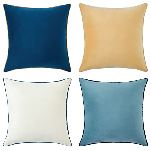 MONDAY MOOSE Decorative Throw Pillow Covers Cushion Cases, Set of 4 Soft Velvet Modern Double-Sided Designs, Mix and Match for Home Decor, Pillow Inserts Not Included (20x20 inch, Blue/Beige)