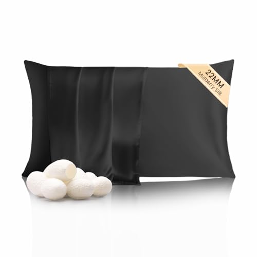 THXSILK Silk Pillowcase 22 Momme Pure Mulberry Silk Pillowcases with Hidden Zipper Soft Breathable Pillow Cover for Hair and Skin King, Black