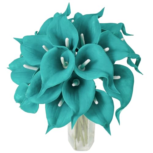 DuHouse 20Pcs Artificial Calla Lily Flower Real Touch Latex Flowers for DIY Wedding Bouquet Party Home Decor (Teal Blue)