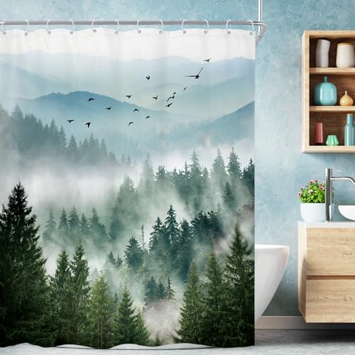 "Green Rustic Mountain Scenery Pine Tree Bathroom Shower Curtain Set - 54""W x 78""L shower curtain??? Greenery Landscape: HD waterproof print, quick-dry cloth, free hooks for easy installation."