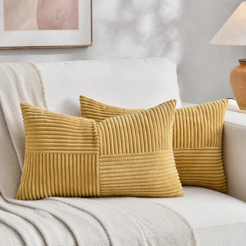 Fancy Homi 2 Packs Mustard Yellow Long Lumbar Decorative Throw Pillow Covers 12x24 Inch for Couch Bed, Rustic Farmhouse Boho Home Decor, Soft Striped Corduroy Rectangle Accent Cushion Case 30x60 cm