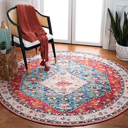 Safavieh Traditional Rug Ideal for High Traffic Areas - Machine Washable and Non Slip - Tucson Collection, Short Pile, in Beige and Blue, 152 X 152 cm
