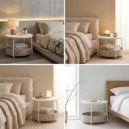 FurnitureR Bedside table with Storage,75cm Height Round Center Table for Living Room with Fabric Basket, Modern Style, Metal Frame, Matte White Frame,Camel Brown