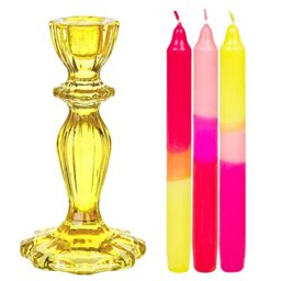 1 x Yellow Coloured Glass Candlestick Candle Holder & 3 x Ombre Tapered Dinner Candles Unscented Wax Candlesticks for Her or Him, Neon Pink/Orange - Made by Talking Tables