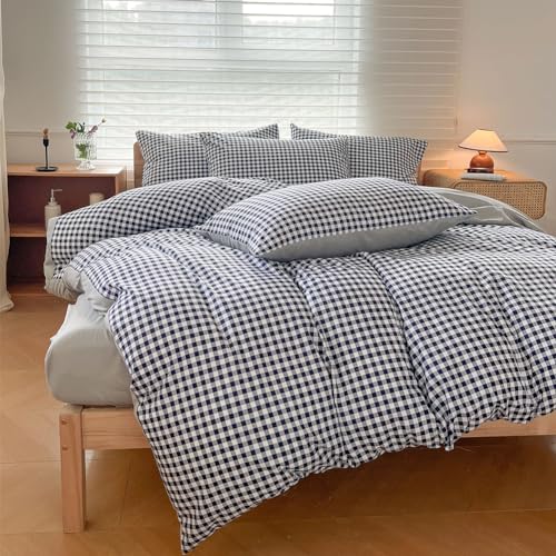 NSNLGSGC Navy Gingham Duvet Cover Set, King, Dark Blue Grid - Simple Geometric Square Pattern, Soft Plaid, Washed Microfiber, 3PCS