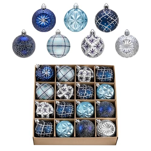 Valery Madelyn Ornaments for Christmas Trees, 16ct Navy Blue and Silver Shatterproof Christmas Tree Decorations, 2.36 Inches Luxury Hanging Ball Ornaments for Xmas Holiday Party