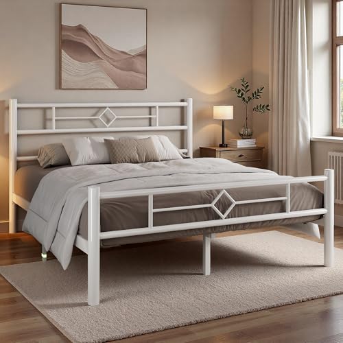 Feonase Double Bed Frame 4ft with Headboard & Footboard, Metal Bed Frame Double bed with Heavy Duty Metal Slat Support, Ample Under-bed Storage, Easy Assembly,White