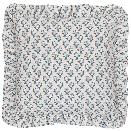 furn. Lulah Block Printed Ruffle Feather Rich Cushion - Linen/Blue - 45x45cm