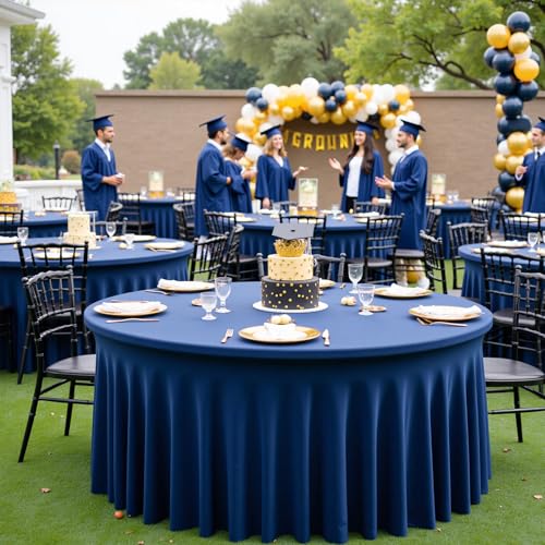 Htper 8 Pack Navy Blue Spandex Round Tablecloths for 60 inch Table, Wrinkle Free 120inch Stretchy Fitted 5FT Round Table Cloths Cover with Skirt for Wedding Party Dining Banquet Events