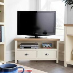 Home Source Avon Corner TV Stand with 2 Drawers – Sonoma Oak Top, Metal Runners - 88W x 44D x 48H cm - Compact TV Unit Fits 32 Inch